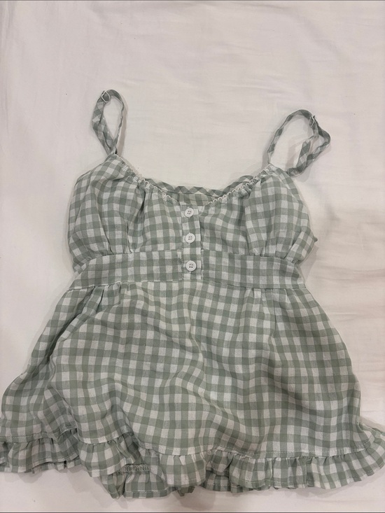 No name Tops - Gingham Ruffle Spaghetti-Strap Tank Top - Sage Green